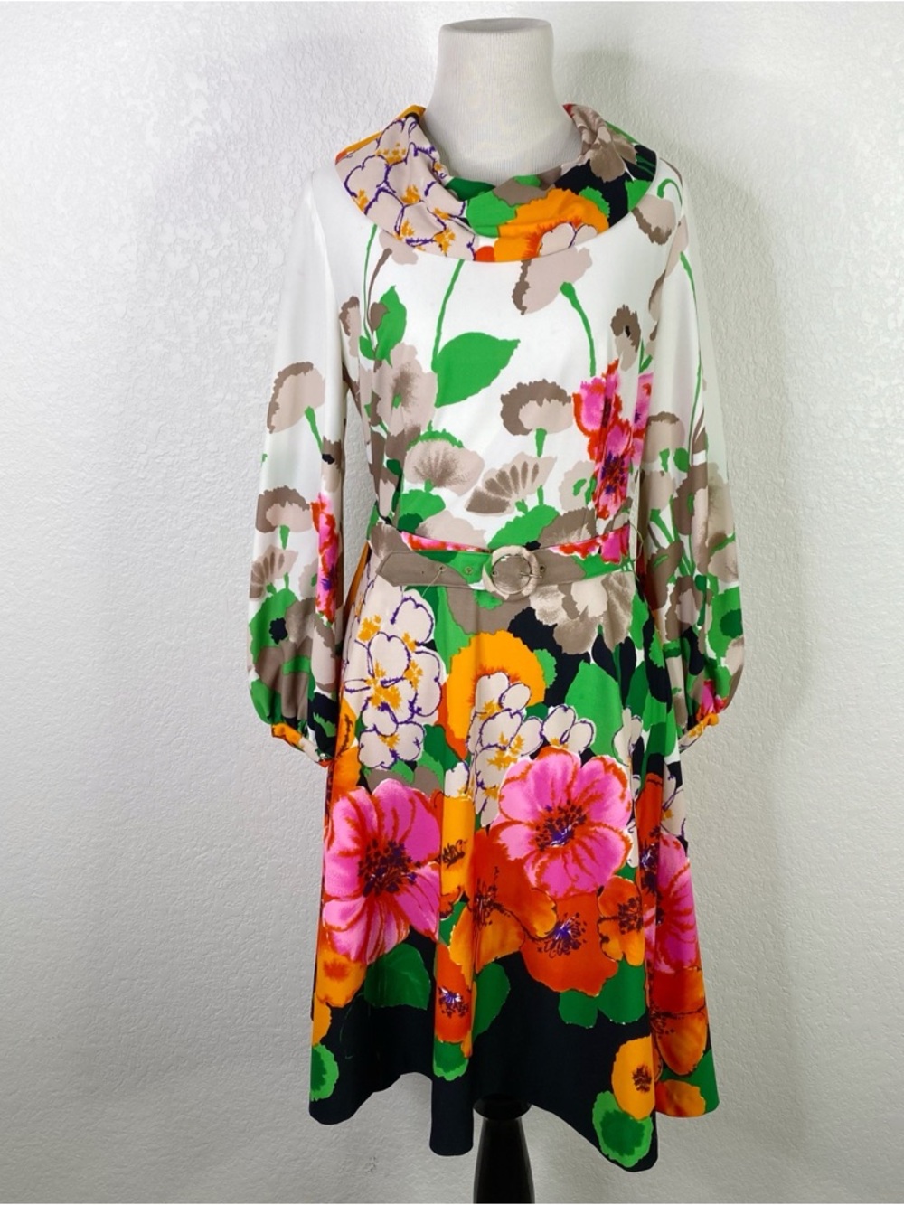 Vintage Semon Frelich Multicolor Floral Fit and Flare 1970s Dress